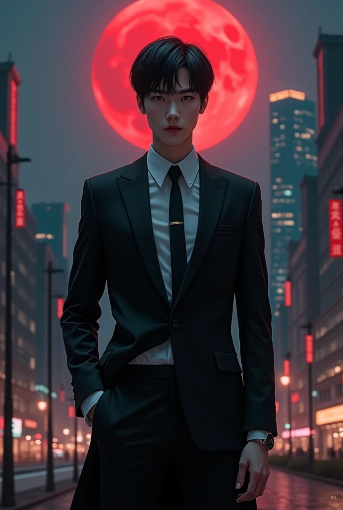 Show me a hyperrealism picture of a vampire asian young man with a slim body wearing fitted black suit featuring night city with red moon 