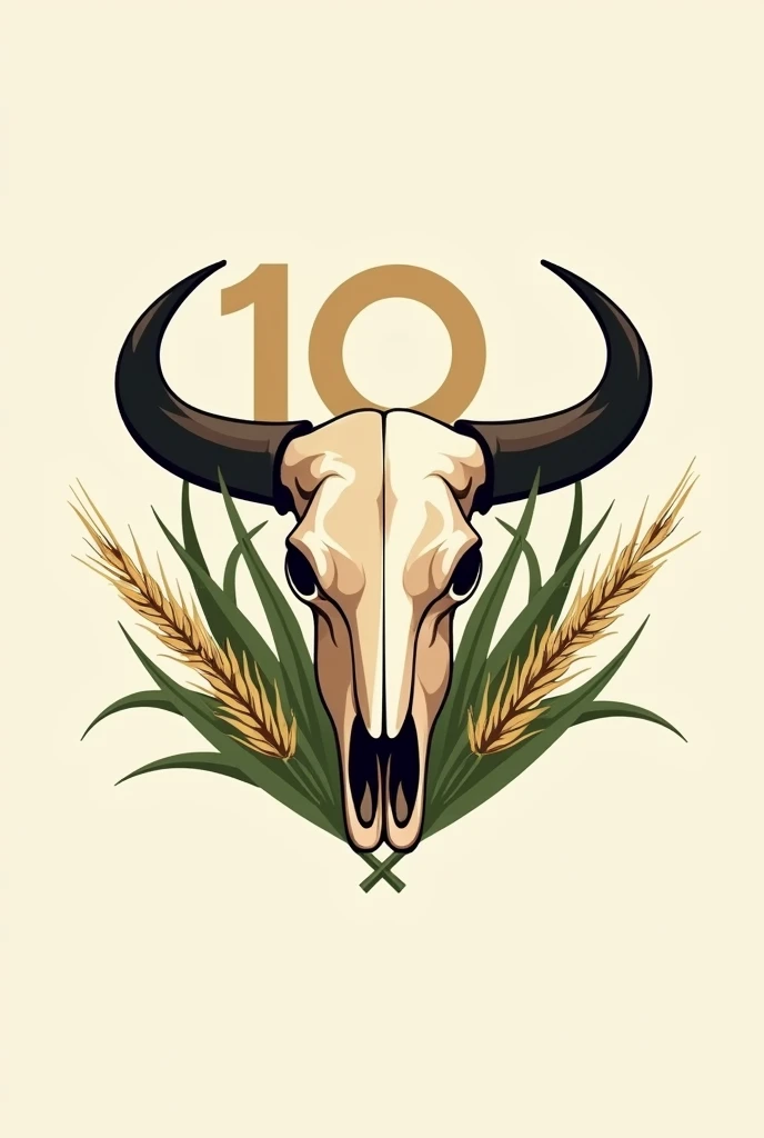 Design an anniversary logo for AGGIE 51 CMU, a class from the Faculty of Agriculture at Chiang Mai University, celebrating s. Focus on a stylized Thai buffalo skull at the heart of the logo, surrounded by organic elements like rice stalks or leaves. Highlight the number '10' within the design, using earthy tones and modern gradients. Place 'AGGIE 51 CMU' prominently below or around the skull, in a bold but elegant font
