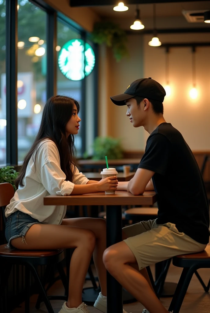 21 year old Indonesian woman in long white shirt with buttons unbuttoned black underwear, jeans shorts, white shoes sitting with 22 year old man in black shirt, black baseball cap, beige shorts, black shoes inside Starbucks cafe at night. realistic image, 4K HDR quality, DSLR bokeh effect