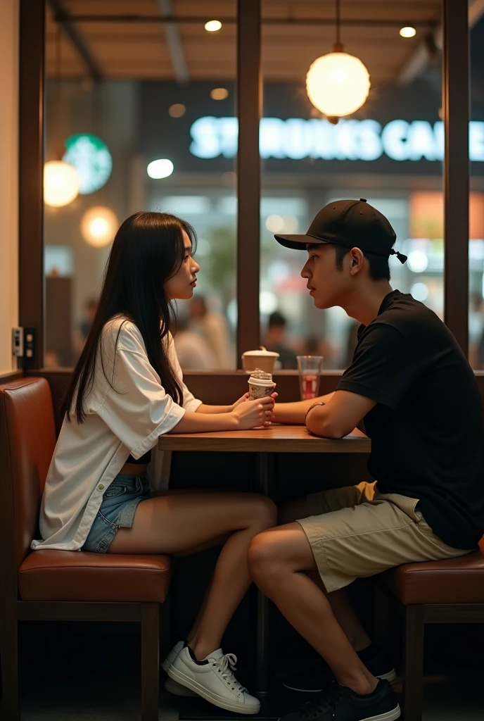 21 year old Indonesian woman in long white shirt with buttons unbuttoned black underwear, jeans shorts, white shoes sitting with 22 year old man in black shirt, black baseball cap, beige shorts, black shoes inside Starbucks cafe at night. realistic image, 4K HDR quality, DSLR bokeh effect