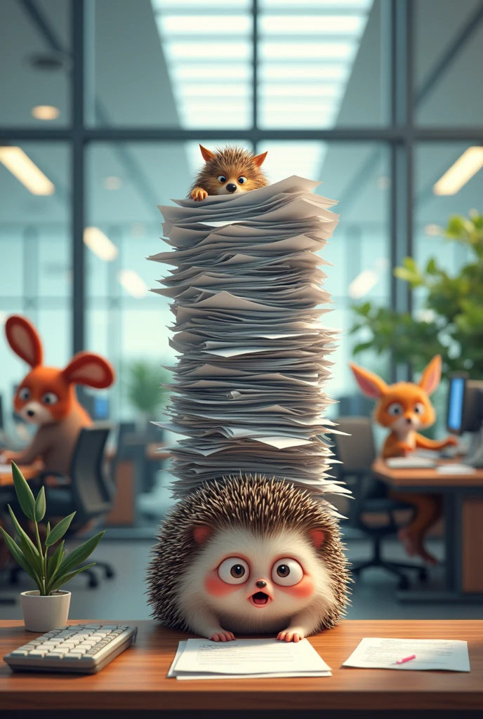 A modern office with desks and computers. Animals of different species are working. A hedgehog is stressed in front of a mountain of papers.