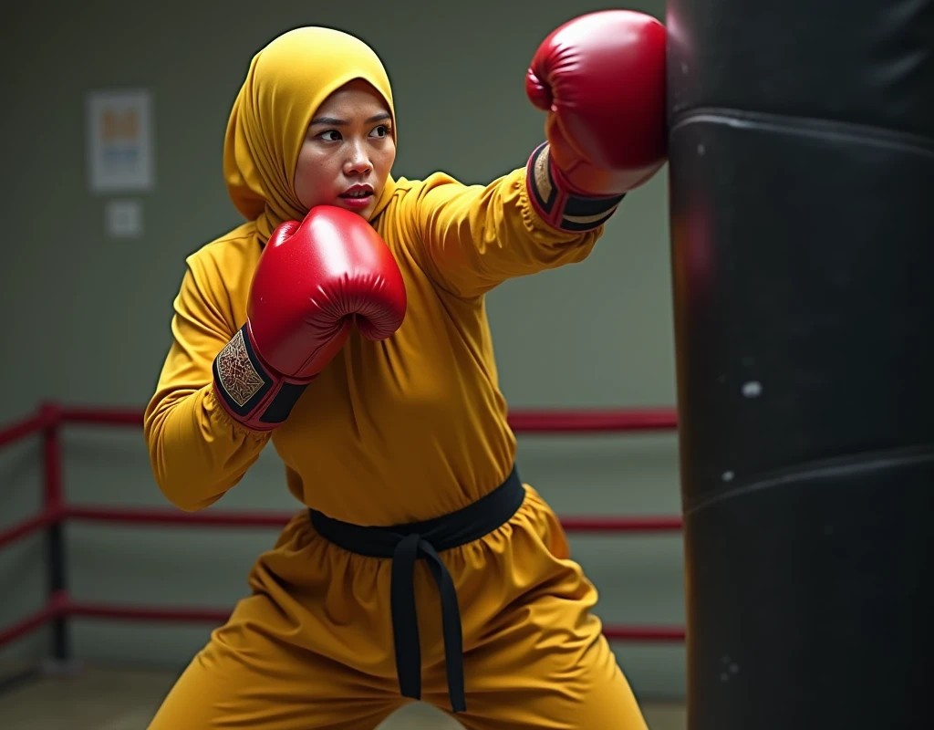 Indonesian woman wearing yellow Islamic hijab, yellow long-sleeved shirt and yellow trousers practicing boxing, wearing boxing gloves and hitting a punching bag with a body weighing 75 kg and sweat dripping down