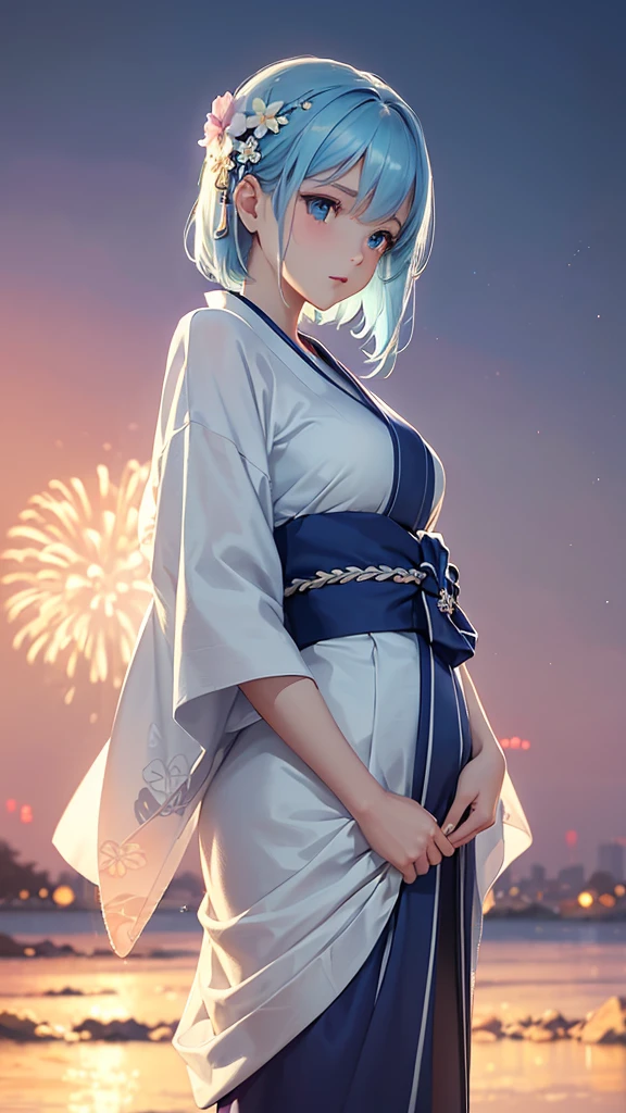 Best Quality,High resolution,8k,(plain white background, no patterns, no textures, just a plain white background:1.3),Masterpiece:1.2),beautiful girl,Big Breasts,(Shiny light blue hair:1.3),messy hair,Bobcut,Beautiful light blue eyes,A girl dressed in a traditional yukata stands quietly, her expression soft and reflective as she gazes at the fireworks lighting up the night sky. The vibrant colors of the fireworks illuminate her face, contrasting with the serene, almost melancholic look in her eyes. Her yukata is adorned with delicate floral patterns, and a gentle breeze stirs her hair. As the fireworks burst behind her, she stands still, lost in thought, feeling the bittersweet emotions of summer's end,Best quality,Best Quality,Aesthetic and aesthetic:1.2,Best details((Super detailed))(High-definition CG illustrations),Slender body
