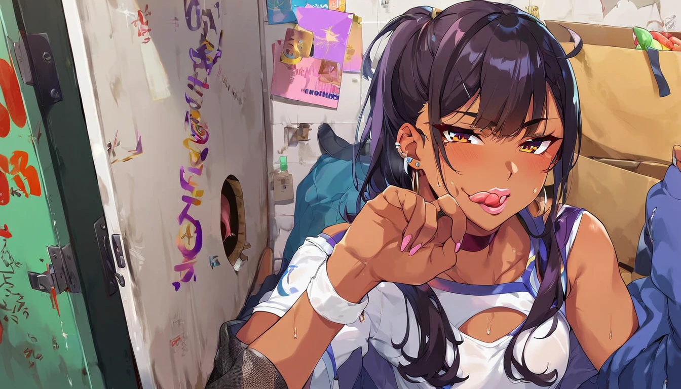 score_9, score_8_up, score_7_up, source_hentai,takeda hiromitsu style,tannde skin, perky lips, big lips, tongue, spit, licking lips, cardboard glory hole, sweat,sweatdrop, background bedroom, best quality, masterpiece,4k