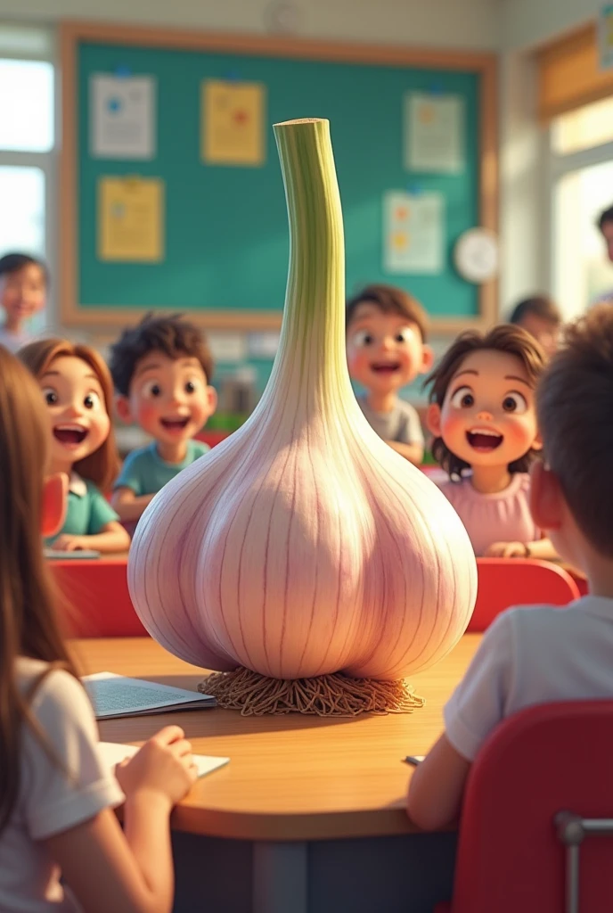 English classroom with happy children with big garlics
