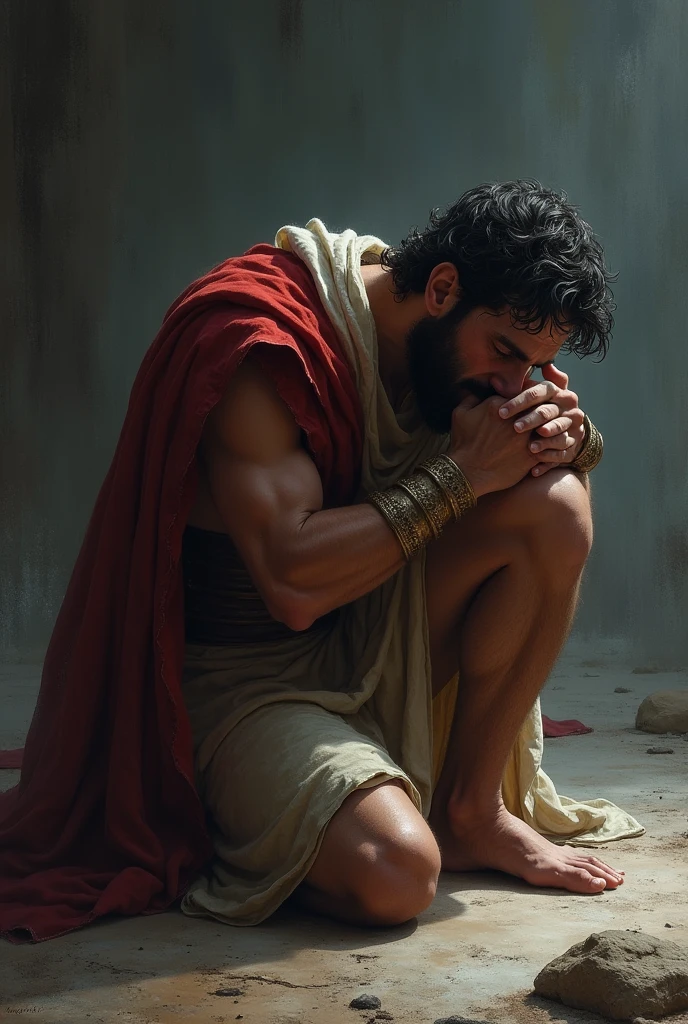 The young man died in a tragic accident, What left Theseus devastated, do it on his knees and sad 