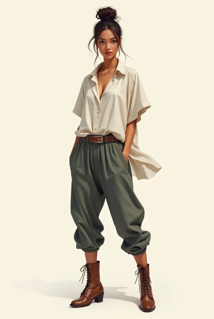 A woman wearing baggy pants and a blouse with calf boots and her hair tied in a bun