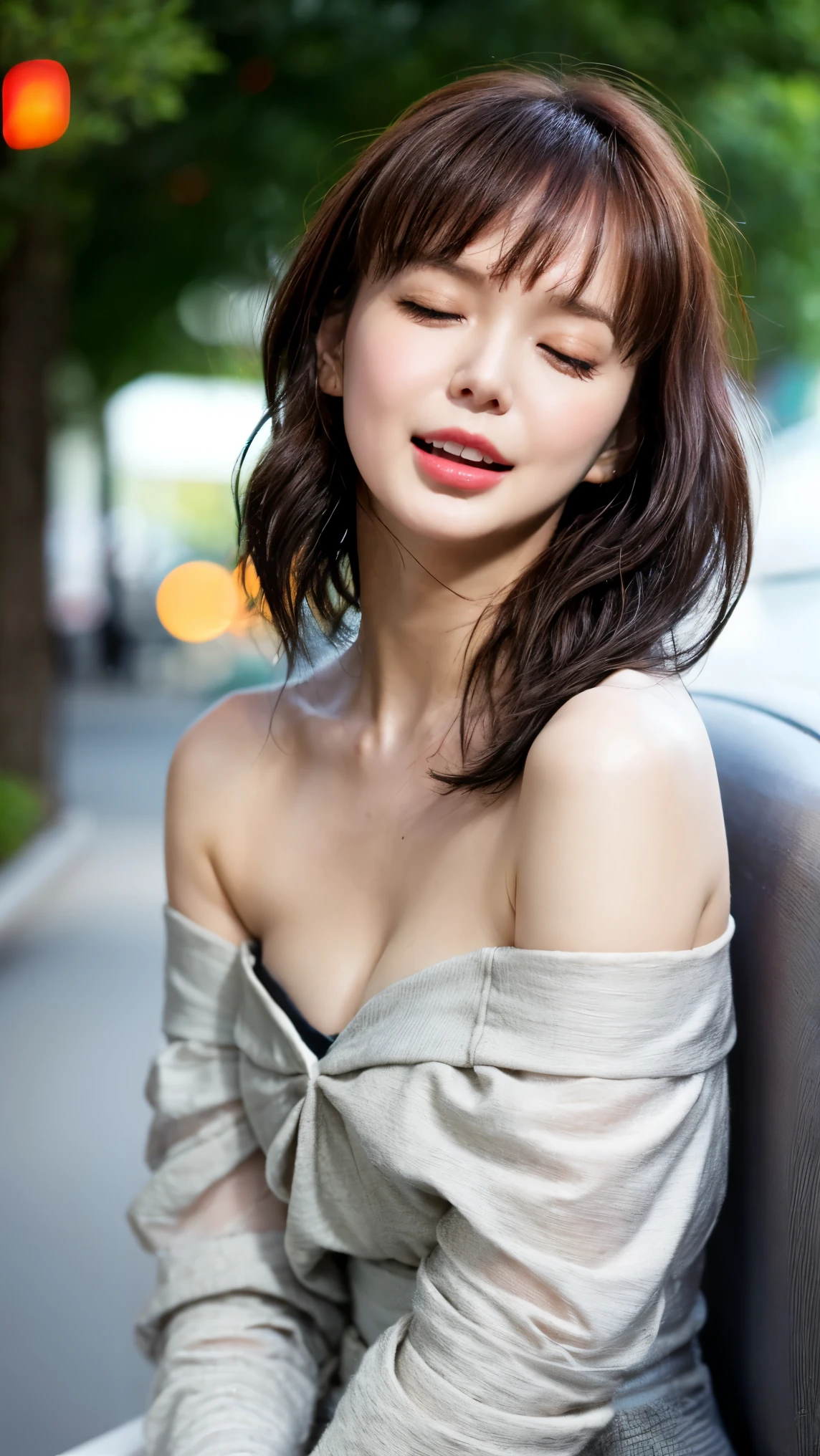 (1 person,  , Full body portrait, Small breasts, Short Bob Hair, Ecstatic expression), Fair-skinned, Thin lips, skinny, Body Type, Delicate and sexy collarbone, Highest quality, RAW Photos, Realistic, face, Very beautiful, cute, Depth of written border, High resolution, 超detailed, detailed, Very detailed, extremely detailed eye and face, Sharp pupils, Sharp focus, Cinema Lighting, Browsing Caution, Have sex, , bangs,  Edge Orgasm, (Woman with open mouth and closed eyes ), 30 years old, Black Hair, ((No makeup)), Glowing Skin, Realistic nostrils, Browsing Caution, Vibrator prank in public, (She closed her eyes), she yawns, She wants you to stop using vibrators