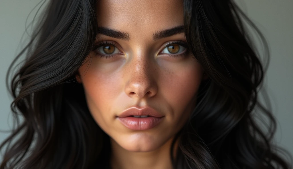 beautfull woman , the woman has long black hair, eyes browns, appears to be of Italian origin, realistic and detailed face, age 25, highly realistic 4k model, realistic and detailed faces