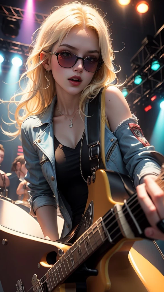 sexy blonde playing fender stratocaster,high-resolution photography,rock concert,blurred background,vibrant colors,dynamic lighting,detailed fingers,strumming guitar,expressive face,movement,stage performance,electric guitar solo,showmanship,loud music,energetic atmosphere,distortion effects,rock and roll vibe,leather jacket,cool sunglasses,confident,sexy stage presence,crowd cheering,spotlight,electric energy,