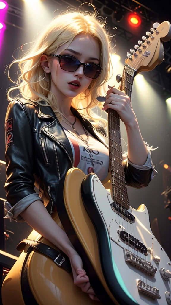 sexy blonde playing fender stratocaster,high-resolution photography,rock concert,blurred background,vibrant colors,dynamic lighting,detailed fingers,strumming guitar,expressive face,movement,stage performance,electric guitar solo,showmanship,loud music,energetic atmosphere,distortion effects,rock and roll vibe,leather jacket,cool sunglasses,confident,sexy stage presence,crowd cheering,spotlight,electric energy,