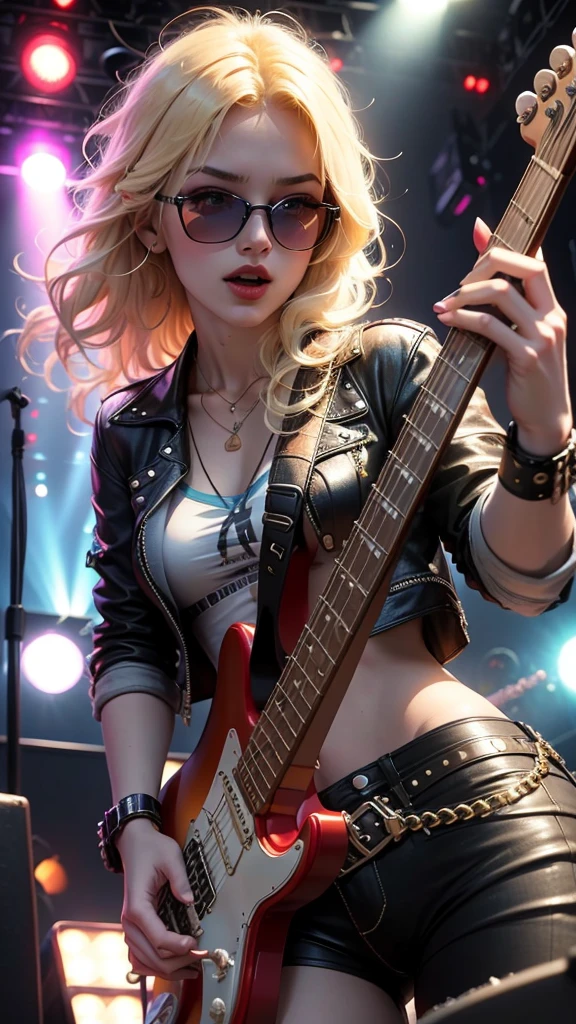 sexy blonde playing fender stratocaster,high-resolution photography,rock concert,blurred background,vibrant colors,dynamic lighting,detailed fingers,strumming guitar,expressive face,movement,stage performance,electric guitar solo,showmanship,loud music,energetic atmosphere,distortion effects,rock and roll vibe,leather jacket,cool sunglasses,confident,sexy stage presence,crowd cheering,spotlight,electric energy,