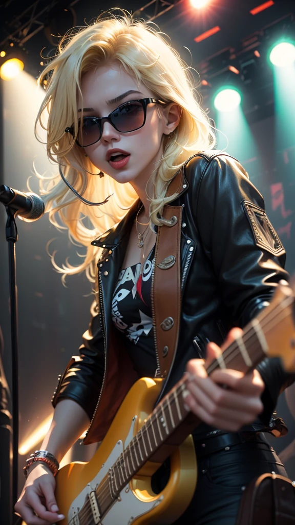 sexy blonde playing fender stratocaster,high-resolution photography,rock concert,blurred background,vibrant colors,dynamic lighting,detailed fingers,strumming guitar,expressive face,movement,stage performance,electric guitar solo,showmanship,loud music,energetic atmosphere,distortion effects,rock and roll vibe,leather jacket,cool sunglasses,confident,sexy stage presence,crowd cheering,spotlight,electric energy,