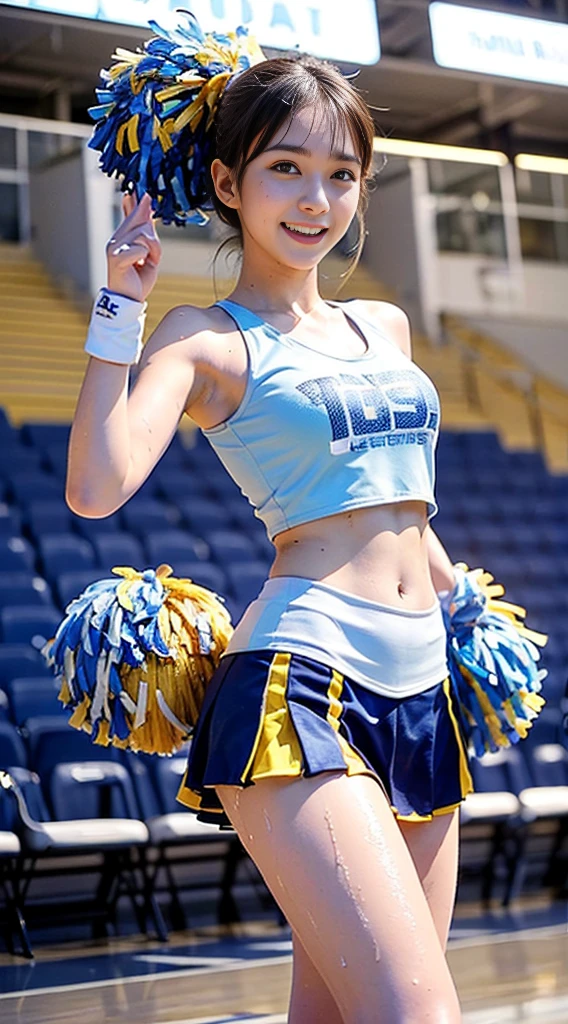 (((Draw only one woman：2)))、((Cheerleaders dancing at the basketball venue:1.5))、((She wears an elaborately designed cheerleader costume.：1.8))、beautiful 16 year old woman、((1 screen))、8K、RAW shot、highest quality photos、masterpiece、nice realistic pictures、(( anatomically correct proportions : 1.5))、((perfect proportions))、((A cute woman who looks like a beautiful Japanese idol))、((small head))、detailed face、detailed eyes、narrow nose、(detailed fingers: 1.2)、detailed arms、detailed skin、detailed legs、(slim style)、((thin waist))、(Medium udder)、(Cheerleader costume with elaborate tank top design:1.5)、(sweaty body:1.2)、(sweaty hair:1.2)、(Cheerleader costume with bold design that shines when wet:1.3)、(Holding pom-poms in both hands:1.2)、(dance with a happy smile)