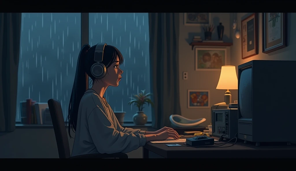 night、Listen to music in a cozy room, Use headphones, 2D anime style, lo-fi, hard disk, dark environment、aunt、that'It's raining outside., Side view of sitting at desk,