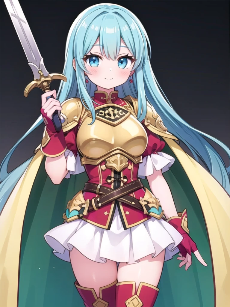 1girl, masterpiece, best quality, perfect hands, blush, smile, closed mouth, cowboy shot, def_eirika, blue hair, very long hair, long hair, red fingerless gloves, belt, armor, red thigh boots, shoulder armor, breastplate, yellow cape, zettai ryouiki, thighhighs, earrings, puffy short sleeves, red shirt, white skirt, miniskirt, blue eyes