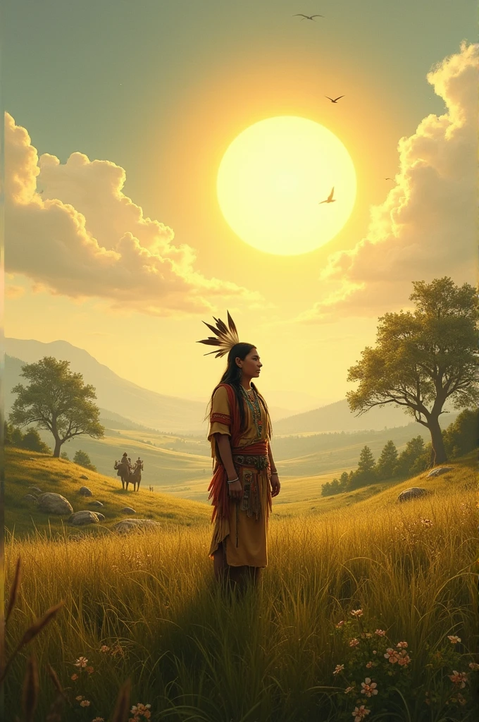 An rural area with sun grass trees animal sun sky and a Indian person standing there