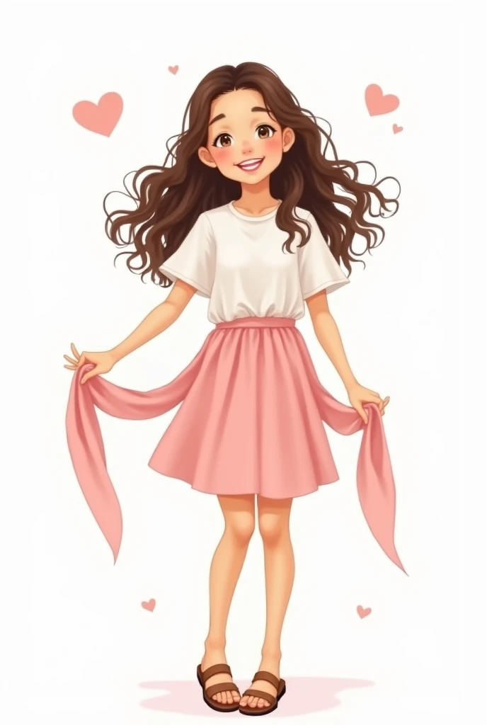 The image is a digital illustration of a young girl with long, curly brown hair. She is wearing a white blouse with a pink skirt and brown sandals. She has a big smile on her face and is holding a pink scarf in her hands. The background is plain white. The girl appears to be happy and relaxed.