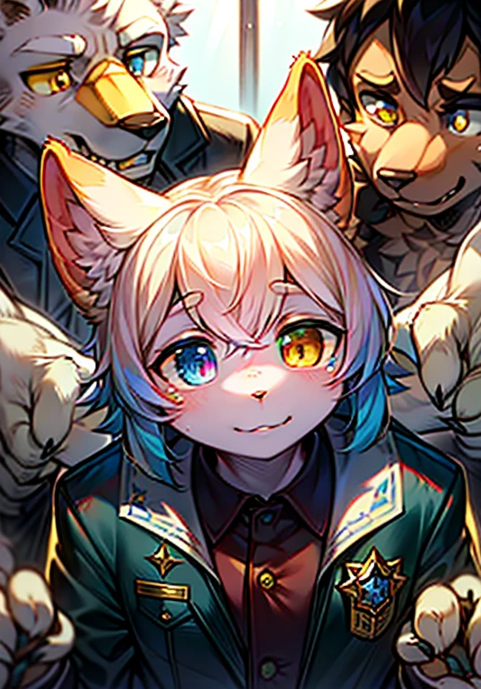 best quality,Delicate style,Exquisite hook line,Delicate skin,Fine Hair,Delicate hands,Exquisite eyes,Normal eyes,White dog ears,hairy,Yellow eyes,Handsome,Cat Style, Blue pupils,,Heterochromia, Criminal Department, Mottled light and shadow, people,There is God'Bright Eyes,White fur,Black military uniform,Black military cap,large hat,Black cape,Black cape,Hold a long leather whip in your hand,Black Gloves,Black leather gloves,attack,cold,vehement,cold,ruthless