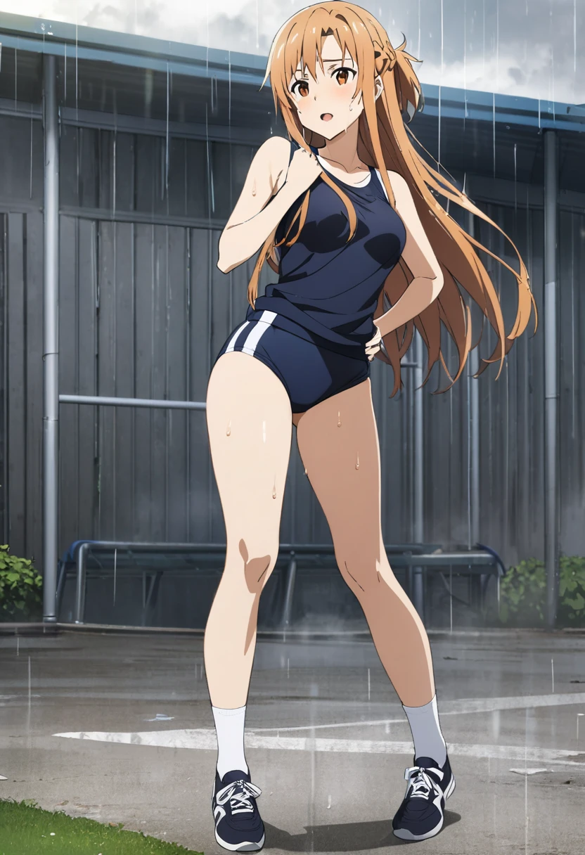 (Anime artwork, Anime Style, Studio Anime, Very detailed, Latest, Vibrant, Anime Coloring Book, High Contrast, masterpiece:1.2, Highest quality, Best aesthetics), (Beautiful and detailed:1.2), Aoi Tennis, 1 personで, 1 person, Hair Ribbon, ((gym uniform,(blue brown:1.2), (white shirt, short sleeves:1.1))), It's not a tennis uniform., It's not a leotard., Not a swimsuit, Peach pink Lingerie Set, blush, Lips parted, locker room, Looking at the audience, From below, White knee socks,sneakers, Asymmetrical bangs, Perfect Proportions, Skin with attention to detail, cute, Detailed face, nsfw, gravure,