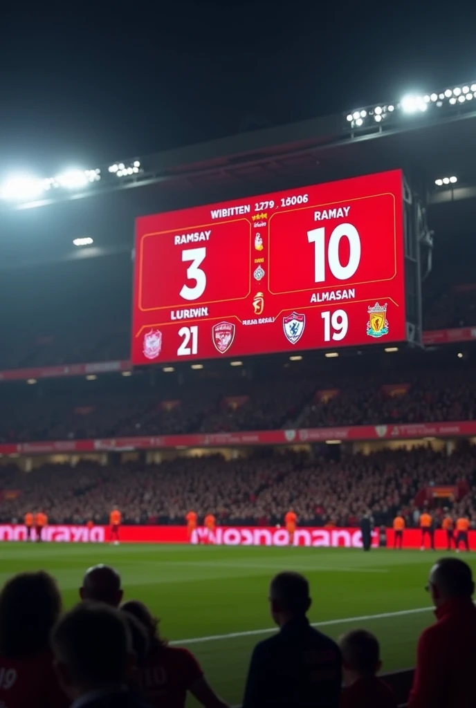 Anfield scoreboard showing 3 goals from Ramsay 