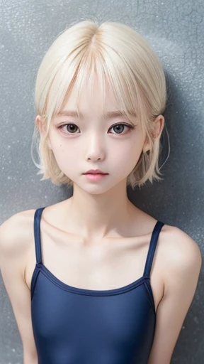 ((((sfw:1.5)))),((sfw:1.5)),((sfw:1.5)),((sfw:1.5)),((from above:1.5)),((Upper Body:1.5)) Korean Asian r Photos、((Beautiful and cute idol girl:1.5))、Platinum Blonde Hair、11yo,Naow eyes:1.5、Thin face、Thin neck、((Slim body)),((skinny):1.5),((Flat chest:1.5)),((clavicle)),((Narrow eyes：1.5))、(Thin arms)、(Thin neck)、（Thin lips）、A small smile、Thin arms、(Dark blue school swimsuit:1.5）