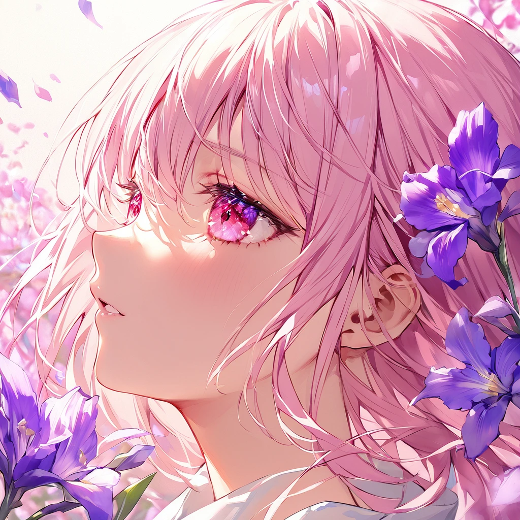 highest quality, masterpiece, surreal), Portrait of a beautiful and delicate profile girl, Playful and cute, Petals are floating in the background,Beautiful iris flowers,