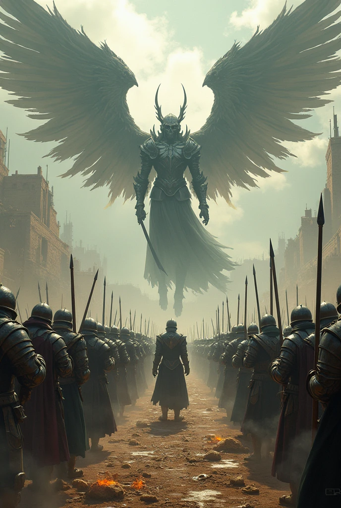 Army of knight face angel of dead in battle field waste land