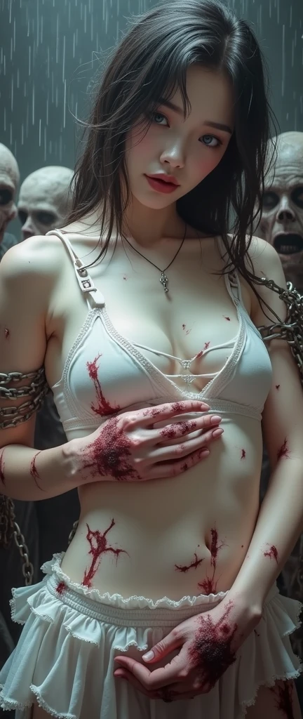 (32K:1.9, Highest quality, masterpiece, Ultra-high resolution), Professional random camera work:1.3, Perfect dynamic composition:1.3, Highly detailed skin and facial textures:1.3, Detailed eyes, Detailed limbs, Underground Prison, cute, Sexy and slim Japanese woman, Fair skin, Tilt your head, (Busty and bursting:1.0, areola is not visible:1.0, Big cleavage:1.0, A look of despair:0.9, Totally captivates you:0.9, Torn pure white camisole dress:1.5), (5 Zombies:1.7, Touching a woman:2.0, Raindrops falling from the ceiling:1.5), Beautiful Blue Eyes, Beautiful erotic eyes:0.8, Sexy Face:0.4, blush:1.1, Beautiful sensual atmosphere:0.8, ((Bloody:2.2, Covered in bruises:2.1, Lots of big chains:1.9, Crucified:1.8, Countless chains tangled in clothes:2.0, His right arm is attached to a cross:1.8, The left arm is attached to a cross:1.8, Both hands are chained、Tied tightly to the cross, The right leg is bound with a shackle and chain:1.8, The left leg is bound with a shackle and chain:1.8)), ((Too erotic:0.9))