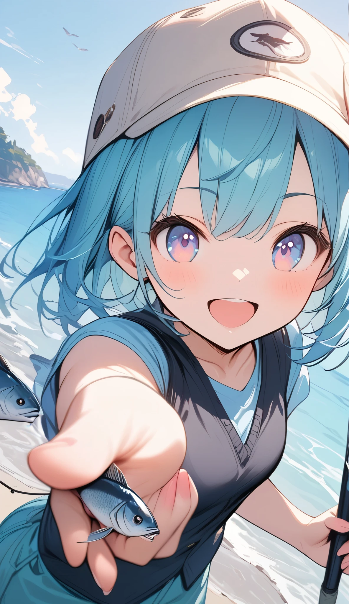 soft colors, ((amazingly absurd)), ultra high resolution, attention to detail, high quality, high resolution, highest quality, 4k, 8K, artwork, highlighting fishing rod and fish, summer breakwater, girl fishing, black vest, cap, eyes closed, big smiling mouth, big smile after catching fish, angel smile, rod in left hand, fish in right hand