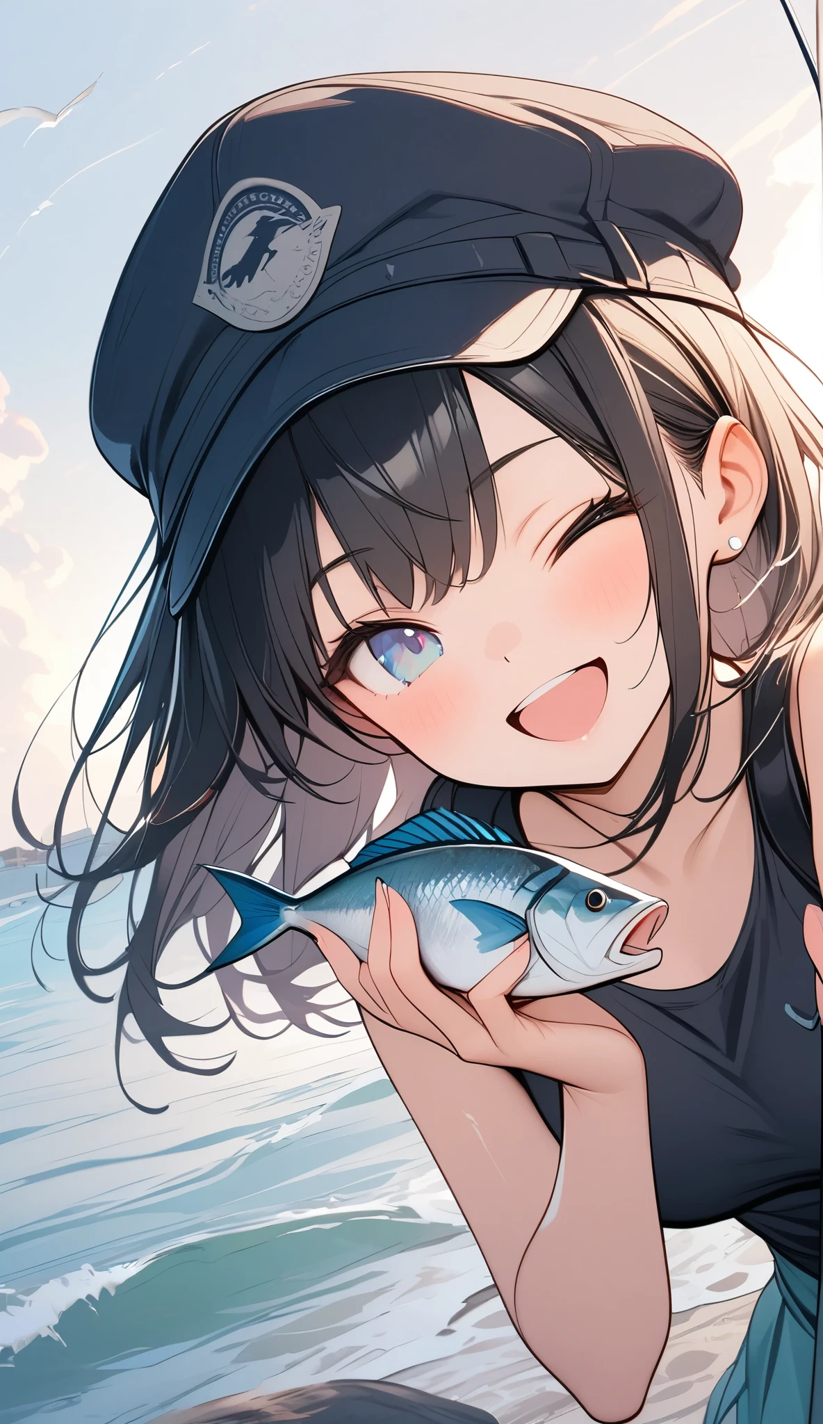 soft colors, ((amazingly absurd)), ultra high resolution, attention to detail, high quality, high resolution, highest quality, 4k, 8K, artwork, highlighting fishing rod and fish, summer breakwater, girl fishing, black vest, cap, eyes closed, big smiling mouth, big smile after catching fish, angel smile, rod in left hand, fish in right hand