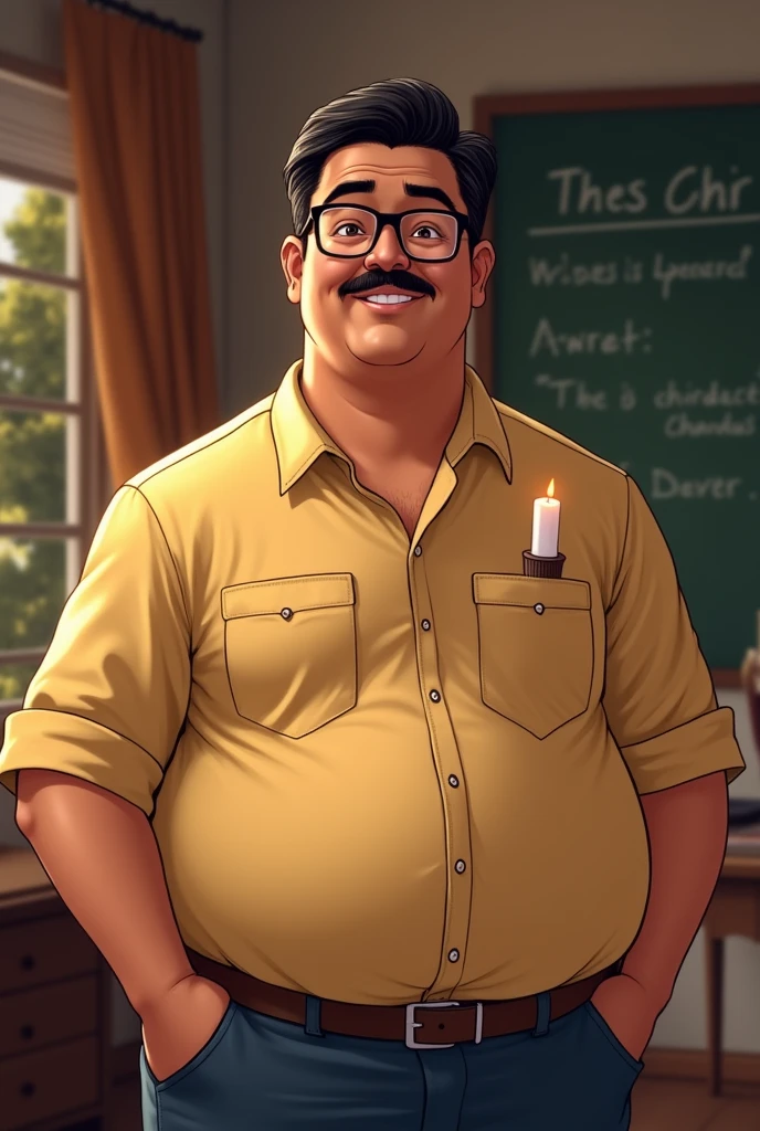 give me an illustration of a male teacher in his 30s-40s who has a pot belly, has brown skin, has a thin mustache, wears glasses, boack hair and wears a candle tree teacher uniform. He was a gentle and caring teacher in school. depict him in a sexy and romantic model. He has bad humor, father's jokes. he's gay.

make in realistic picture from head to feet