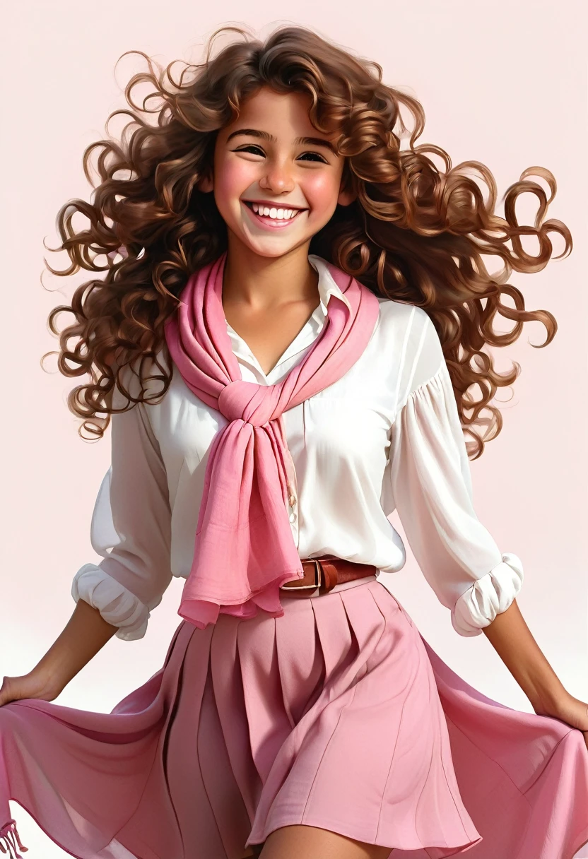 The image is a digital illustration of a young girl with long, curly brown hair. She is wearing a white blouse with a pink skirt and brown sandals. She has a big smile on her face and is holding a pink scarf in her hands. The background is plain white. The girl appears to be happy and relaxed.
