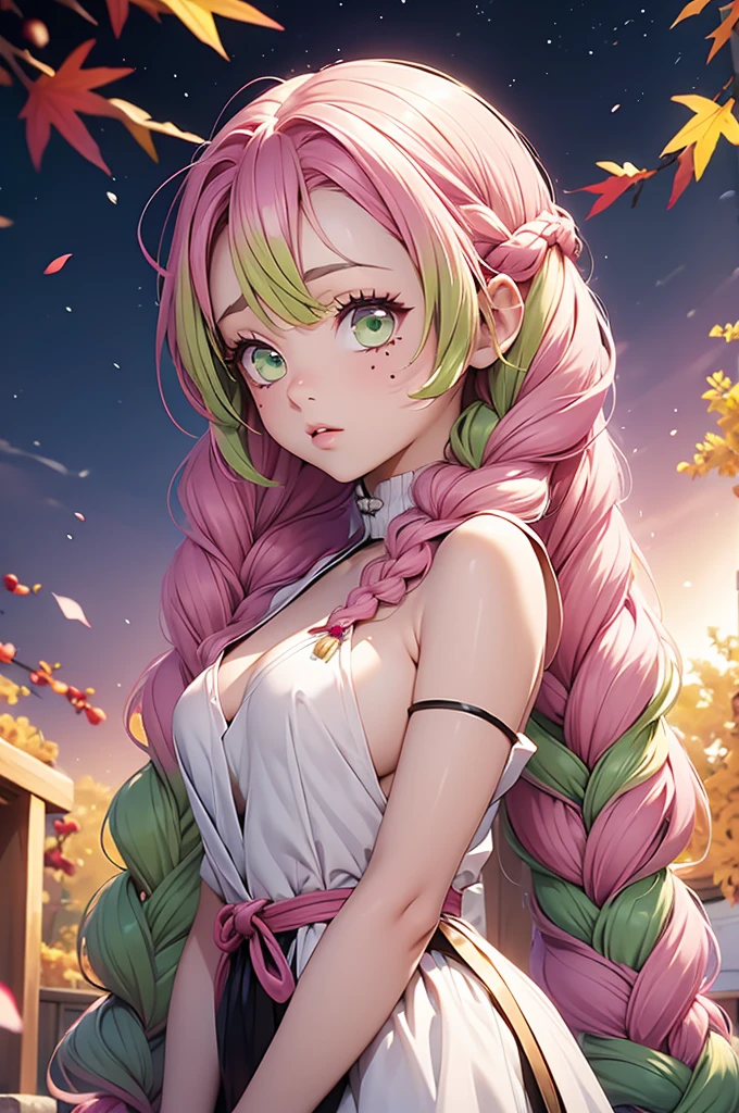 a digital painting of a woman with dyed pink hair and pink eyes, 1girl, solo, kanroji mitsuri, multicolored hair, green eyes, mole, pink hair, braid, green hair, sweater, long hair, gradient hair, mole under eye, looking at viewer, twin braids, breasts, parted lips, off shoulder, lips, sleeveless, autumn leaves, bare shoulders, autumn,mitsuri(demon slayer),
