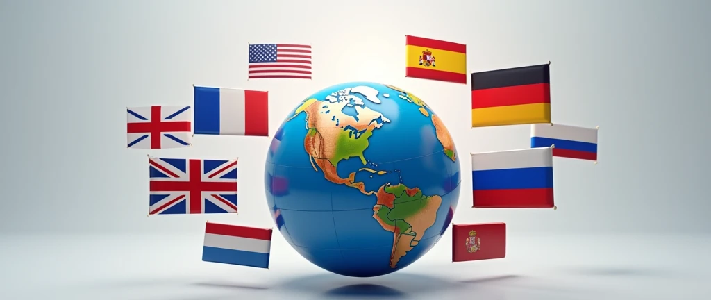 generate me an image with the english flag, American, espagnol, Portuguese, French, german, Dutch and Russian floating around a globe