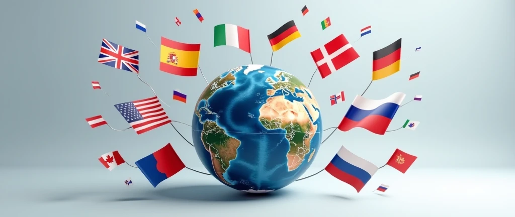 generate me an image with the english flag, American, espagnol, Portuguese, French, german, Dutch and Russian floating around a globe