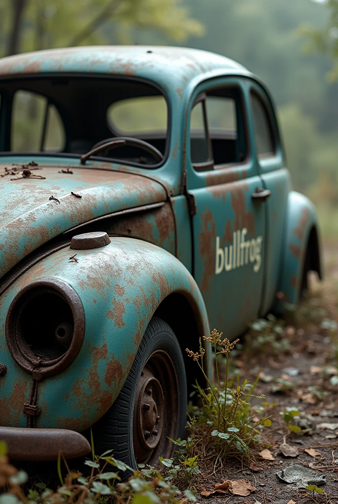 Worst rusty car in the world, smoking and abandoned.broken glass without tire ,all full of rust with weeds growing and "bullfrog" written on the right door, there is no left door