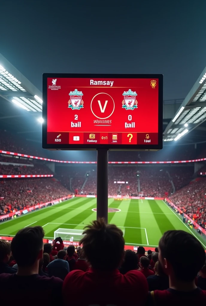 Anfield scoreboard showing 3 goals from Ramsay