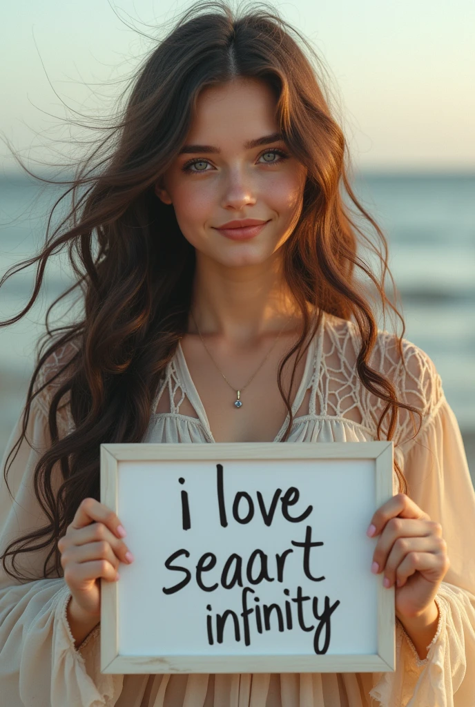 Beautiful girl with wavy long hair, bohemian dress, holding a white board with text "I Love Seaart Infinity" and showing it to the viewer
