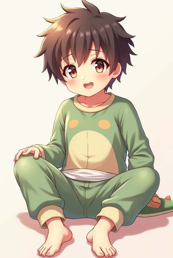A cute young anime boy with fluffy hair and dinosaur pajamas sits with his legs stretched out, while showing his underwear buldge.
