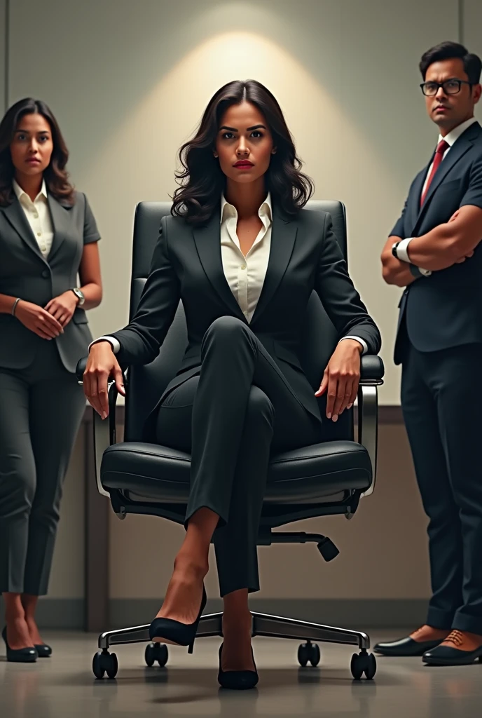 A Dominant Indian Girl Secretary Sitting On Chair ,wearing High heels And Ordering Her Employees 