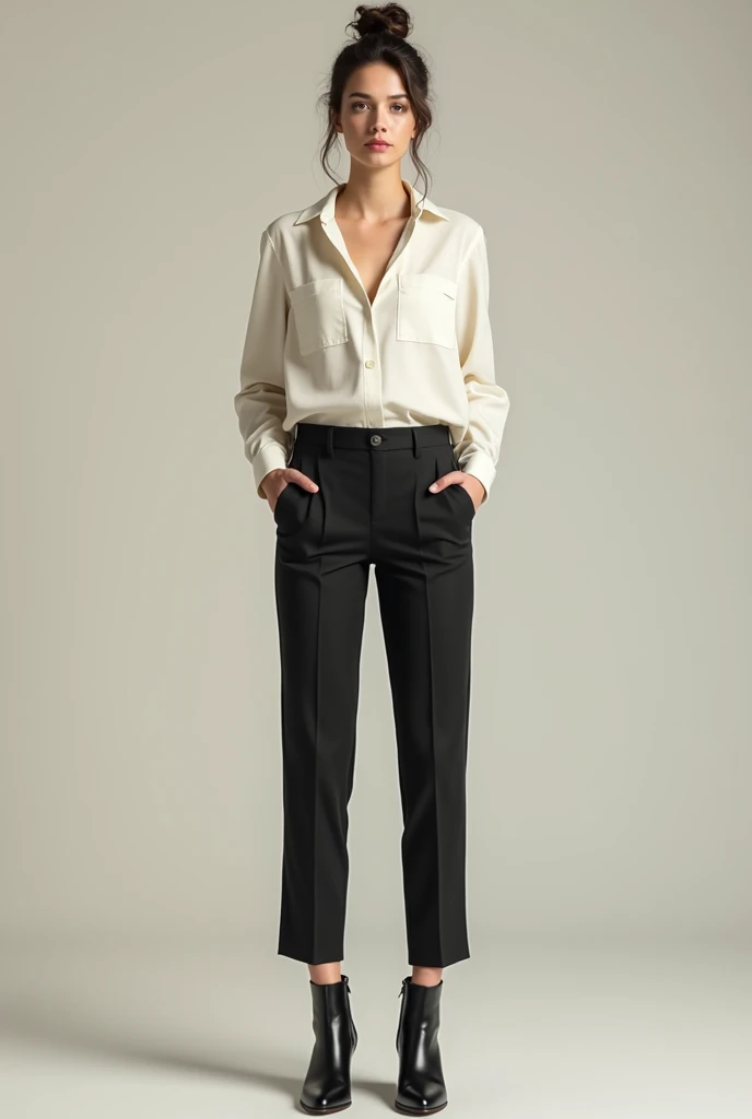 A woman wearing pants and a blouse with short calf boots and her hair tied in a bun