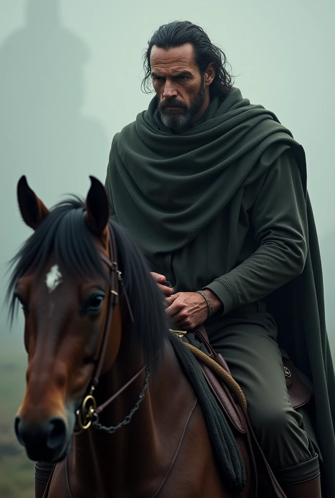 man on horse medium build with sad look