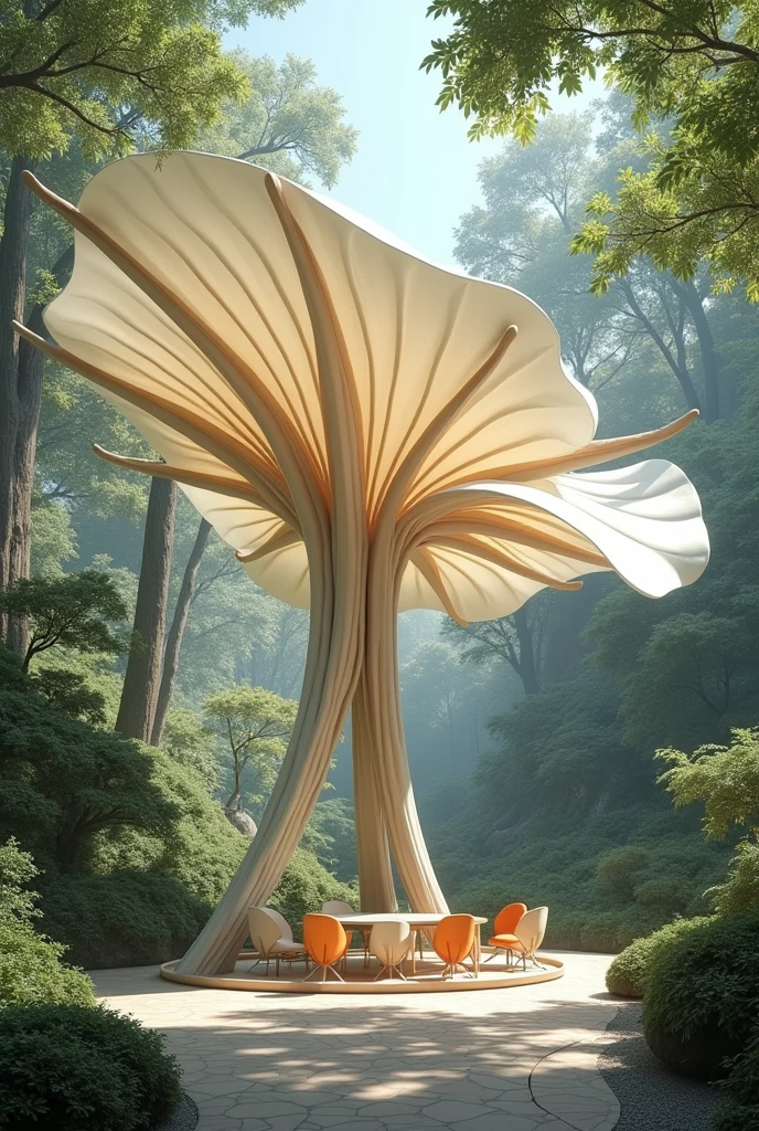 create a pavilion where its shape is an orchid and its petals are large that cover all around and give shadows. The stem will be the base and with chair and table underneath