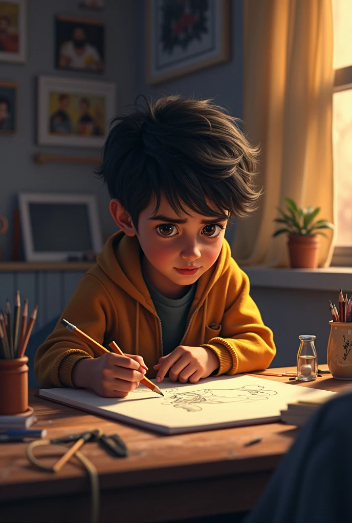 (Raghu is shown sitting in his room, trying to draw something with a normal pencil, but getting frustrated) *