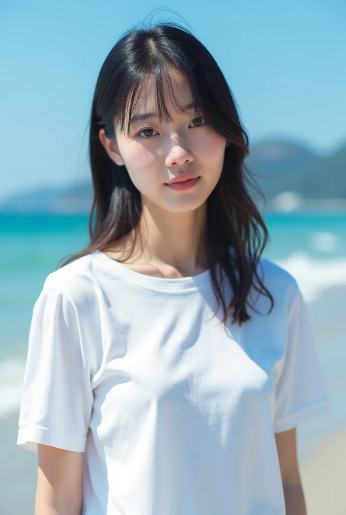 ((A lonely girl walking on the blue sea beach of Japan:1.3))、((Close ~ eyes:1.3))、((LOL:1.3))、((Please open your mouth wide:1.3))、((Take off your T-shirt:1.5))、((Bust shot close-up:1.3))、((Side view:1.5))、((Sunburned skin:1.3))、((the wind is strong:1.5))、((Wearing a white T-shirt:1.3))、((Ultra-clear image quality:1.3))、(masterpiece、Highest quality) 、For a clear image、Strong sunlight、Really great images, Very very beautiful、masterpiece, Highest quality,photograph, cute、(Huge boobs:1.2)、((20-year-old woman:1.2))、(Redness of the skin:1.ung and adorable Japanese face, Fresh skin, Face close-up,, Soft Portrait Shot 8k, if々Shishi: A real young idol from Japan、Young and cute gravure idol、Young Sensual Gravure Idol、Young Gravure Idol、Japanese Model