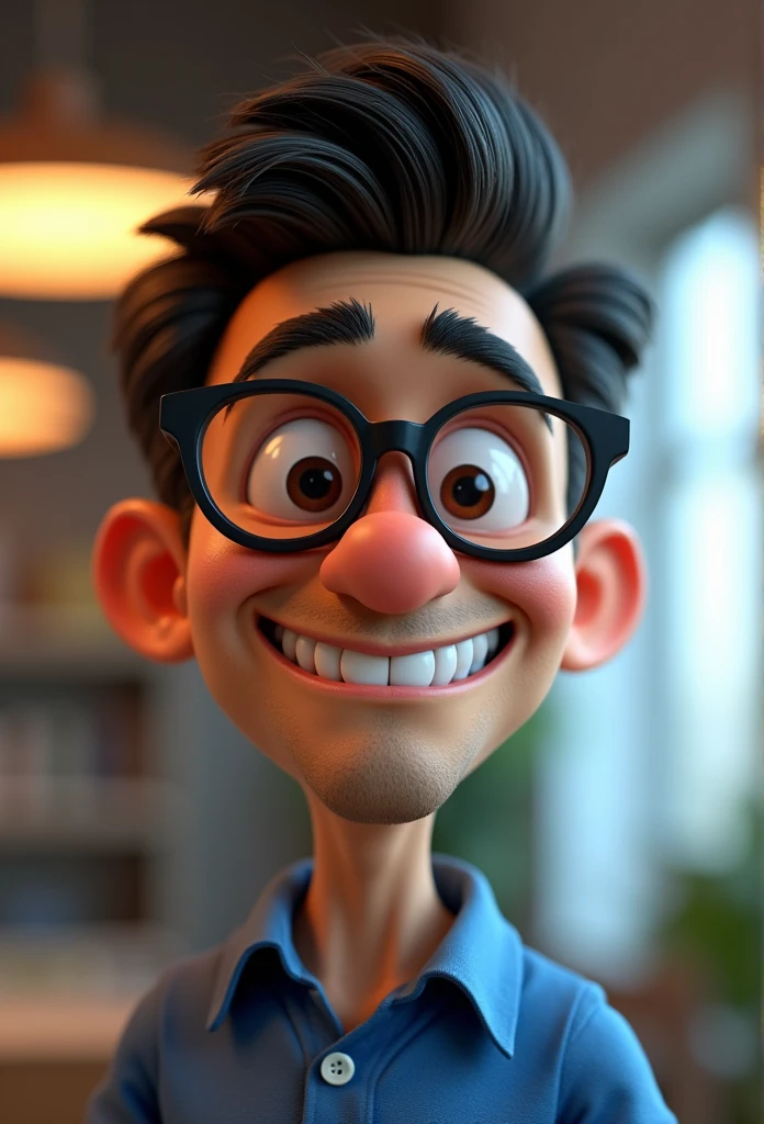 Cartoon character of a man in black glasses and blue shirt, animation character, stylized character, animation style rendering, 3d stylized, Arnold Maya rendering, Stylized 3D rendering, toon render screenshot, 3d character, 3d character, Stylized 3D rendering, 3D character rendering, cartoon character, Personagem de close up, character posing, (Pixar-style) (master part:1.2) (bokeh) (best qualityer) (skin detailed) (detailed texture) (8k) (Argilla) (cinematic lighting) (sharp focus