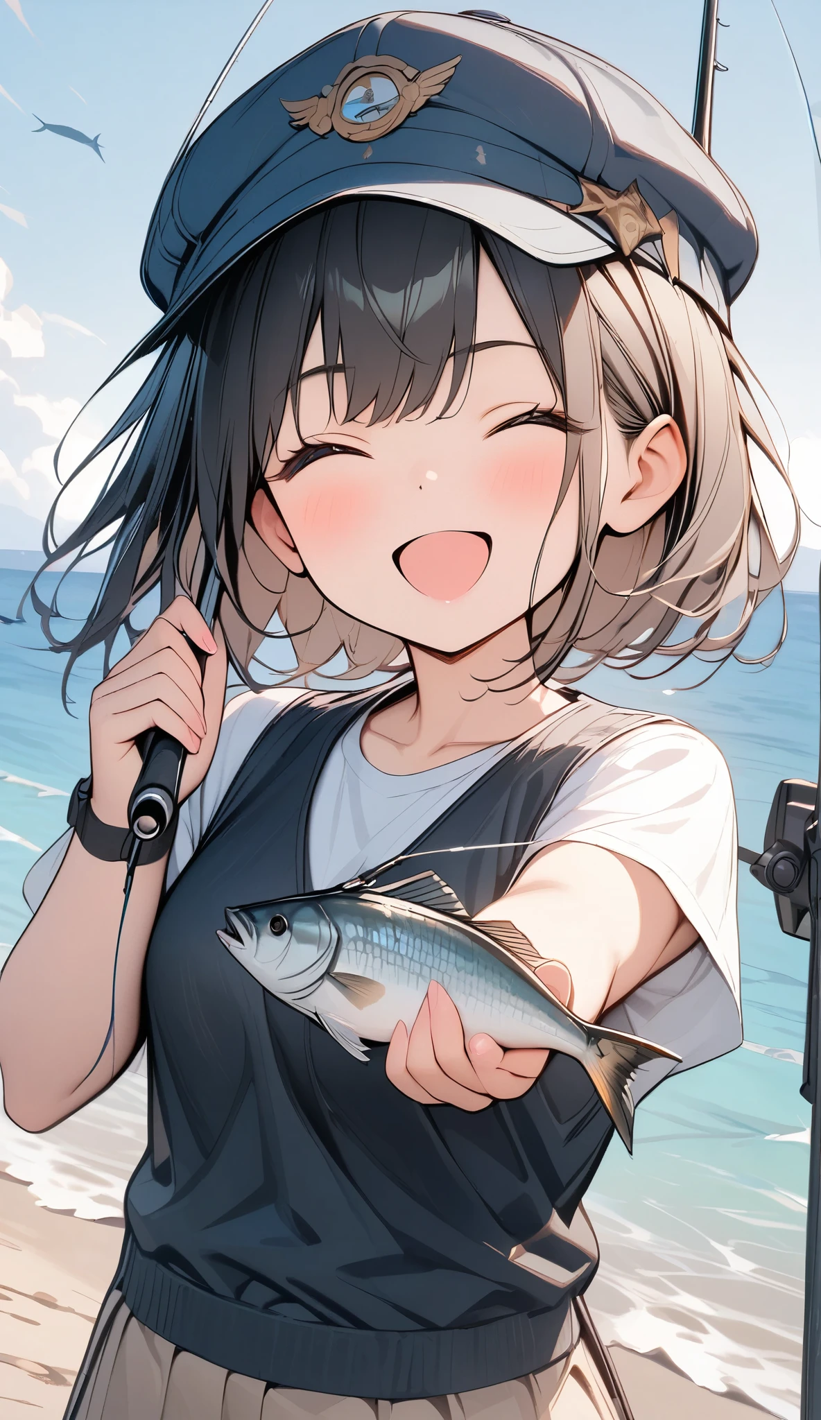 soft colors, ((amazingly absurd)), ultra high resolution, attention to detail, high quality, high resolution, highest quality, 4k, 8K, artwork, highlighting fishing rod and fish, summer breakwater, girl fishing, black vest, cap, eyes closed, big smiling mouth, big smile after catching fish, angel smile, rod in left hand, fish in right hand