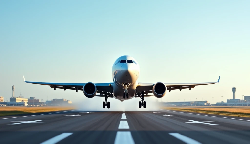 A large commercial airplane in the process of landing on a runway. The plane’s wheels are just touching the ground, with the airport runway and its markings visible beneath it. The scene shows motion blur around the wheels as they make contact, while the rest of the plane remains sharp and in focus. The sky is clear, and the environment is realistic with distant airport buildings or terminals.