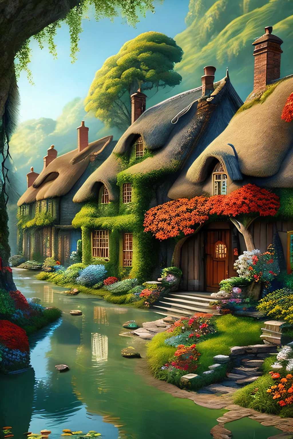 In an exquisite 8K resolution, this image brings to life the enchanting village of Ardenwood, nestled within a verdant, vibrant valley. Ancient oaks, boasting rich, textured bark and sprawling canopies of emerald leaves, stand tall like guardians over the landscape. Winding brooks meander through the village, their waters sparkling with clarity, adding a touch of life to the serene tableau. Charming thatched-roof houses adorned with colorful flower boxes dot the terrain, each displaying a unique charm that speaks of a bygone era. The cobblestone streets weave intricately, inviting exploration, while vill